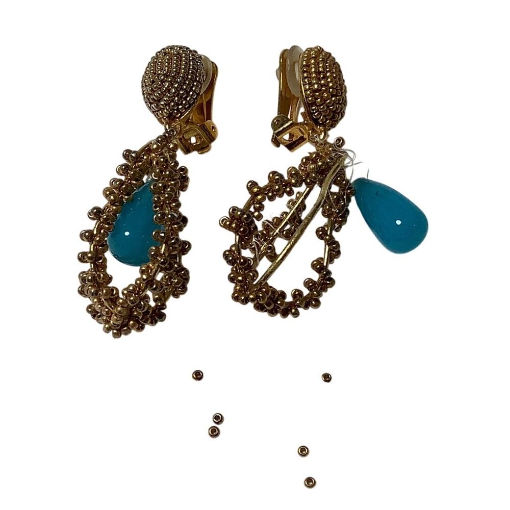 Oscar de la Renta *READ* Turquoise Gold Teardrop Beaded Clip On Earrings A30-11